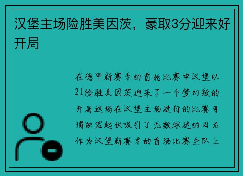 汉堡主场险胜美因茨，豪取3分迎来好开局